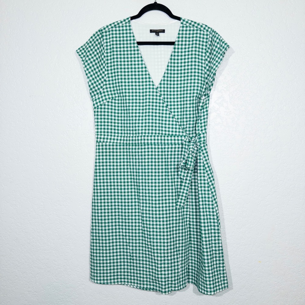 Banana Republic Green Gingham Plaid Linen‎ Blend Wrap Midi Dress Size 18